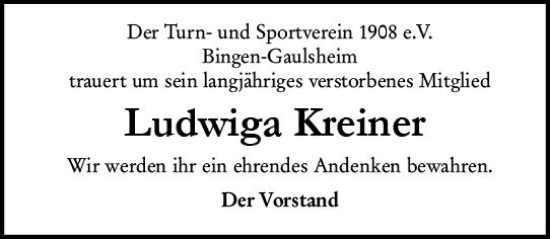 Traueranzeige von Ludwiga Kreiner von Allgemeine Zeitung Bingen/Ingelheim