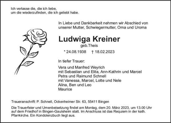 Traueranzeige von Ludwiga Kreiner von Allgemeine Zeitung Bingen/Ingelheim
