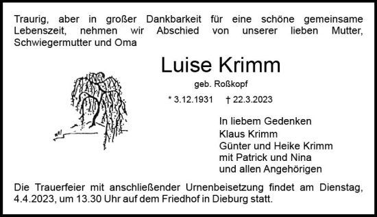 Traueranzeige von Luise Krimm von Dieburger Anzeiger/Groß-Zimmerner Lokal-Anzeiger