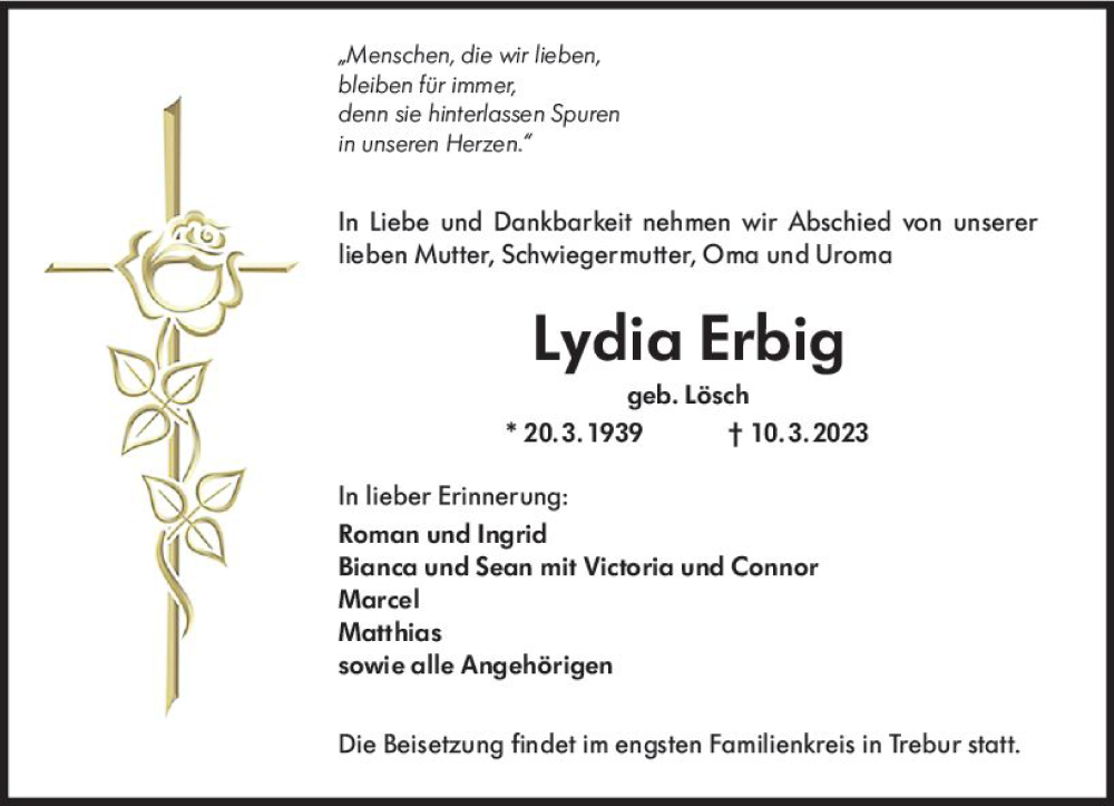  Traueranzeige für Lydia Erbig vom 18.03.2023 aus Groß-Gerauer Echo