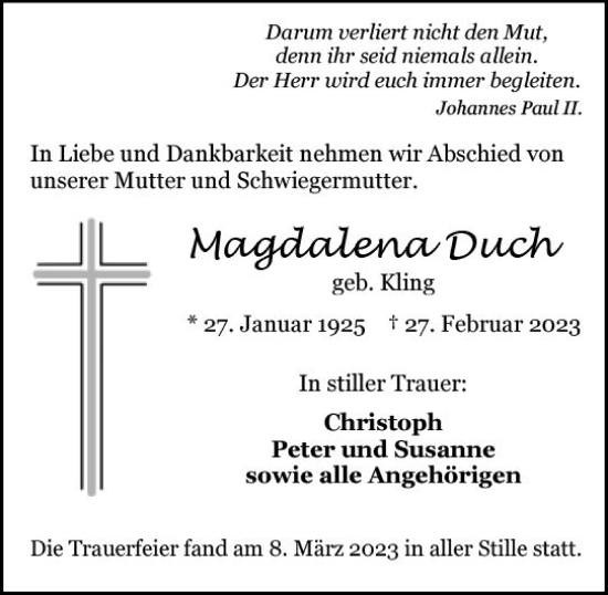 Traueranzeige von Magdalena Duch von Allgemeine Zeitung Mainz