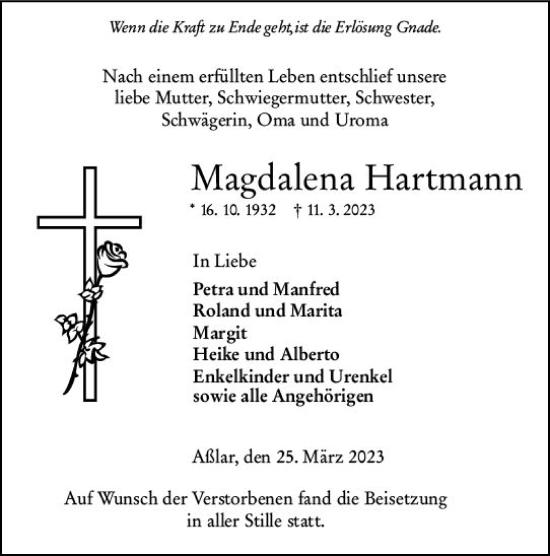 Traueranzeige von Magdalena Hartmann von Wetzlarer Neue Zeitung