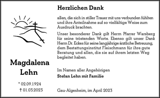 Traueranzeige von Magdalena Lehn von Allgemeine Zeitung Bingen/Ingelheim