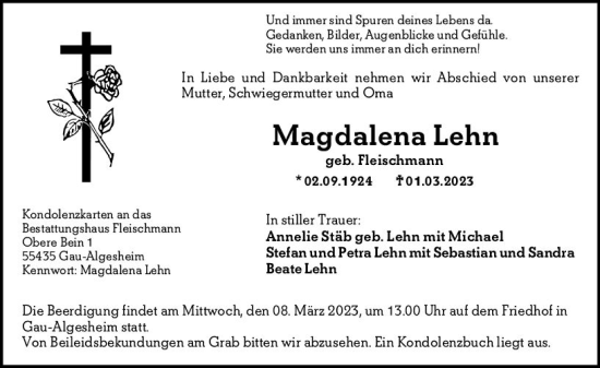 Traueranzeige von Magdalena Lehn von Allgemeine Zeitung Bingen/Ingelheim