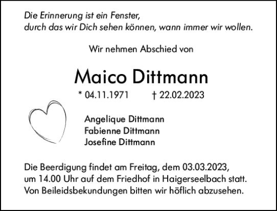 Traueranzeige von Maico Dittmann von Dill Block