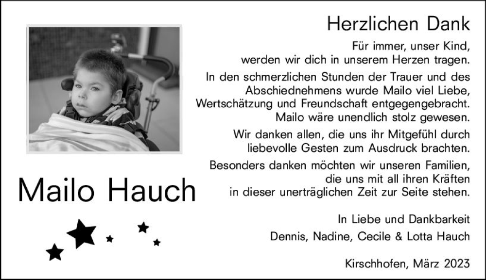  Traueranzeige für Mailo Hauch vom 18.03.2023 aus Weilburger Tageblatt