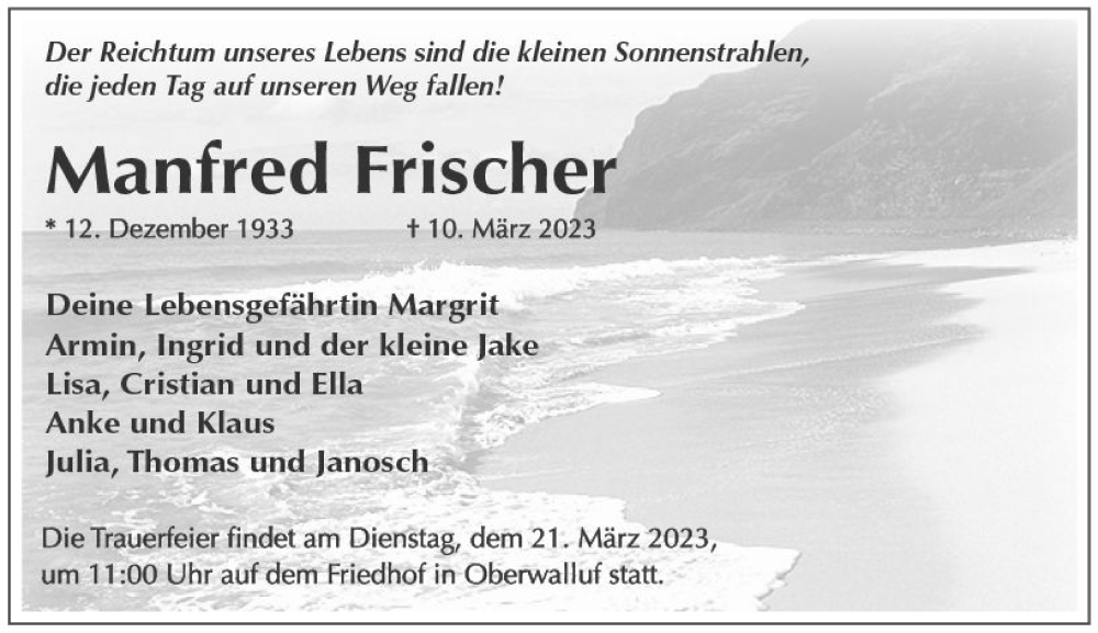  Traueranzeige für Manfred Frischer vom 18.03.2023 aus Wiesbadener Kurier