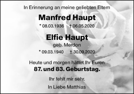 Traueranzeige von Manfred Haupt von Allgemeine Zeitung Mainz