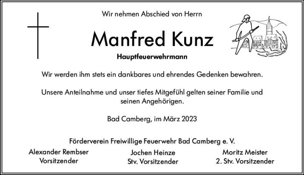  Traueranzeige für Manfred Kunz vom 30.03.2023 aus Camberger Anzeiger