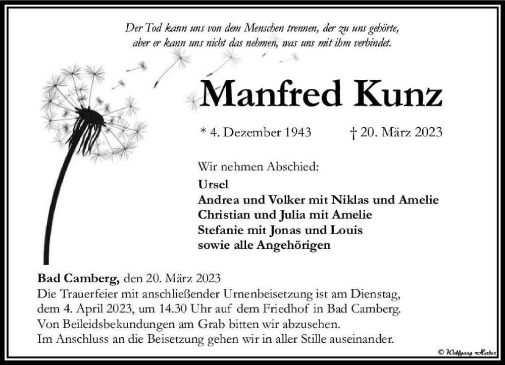  Traueranzeige für Manfred Kunz vom 30.03.2023 aus Camberger Anzeiger