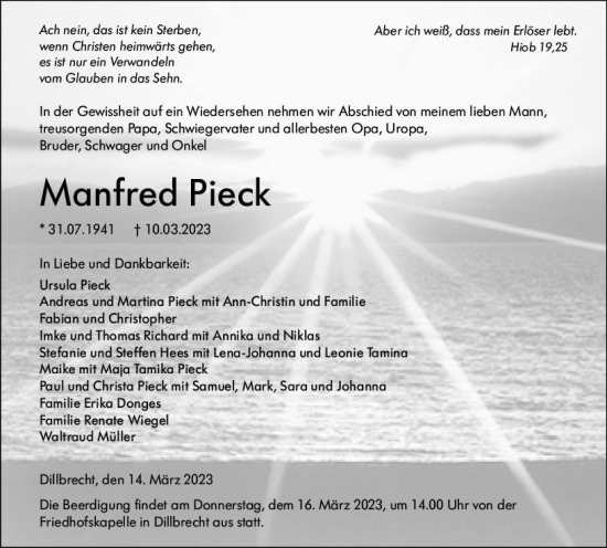 Traueranzeige von Manfred Pieck von Dill Block