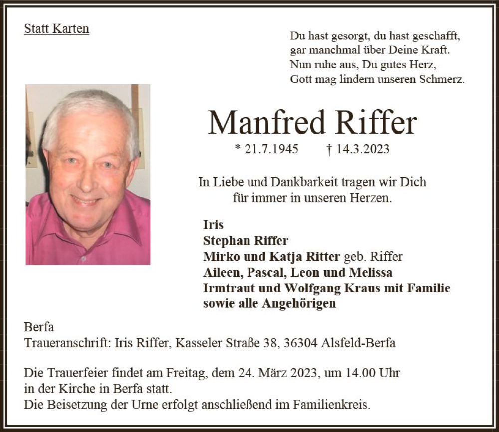  Traueranzeige für Manfred Riffer vom 18.03.2023 aus Oberhessische Zeitung