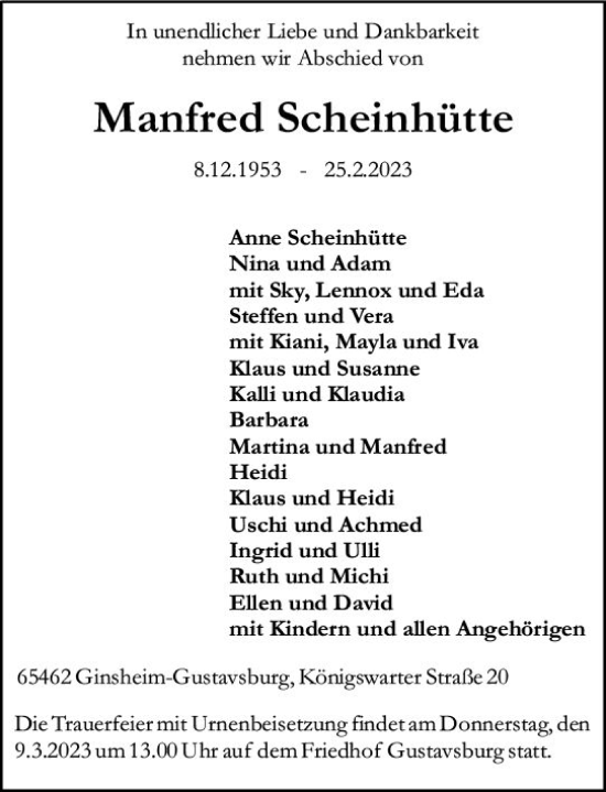 Traueranzeige von Manfred Scheinhütte von Allgemeine Zeitung Mainz