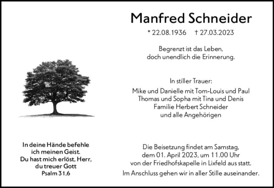 Traueranzeige von Manfred Schneider von Hinterländer Anzeiger