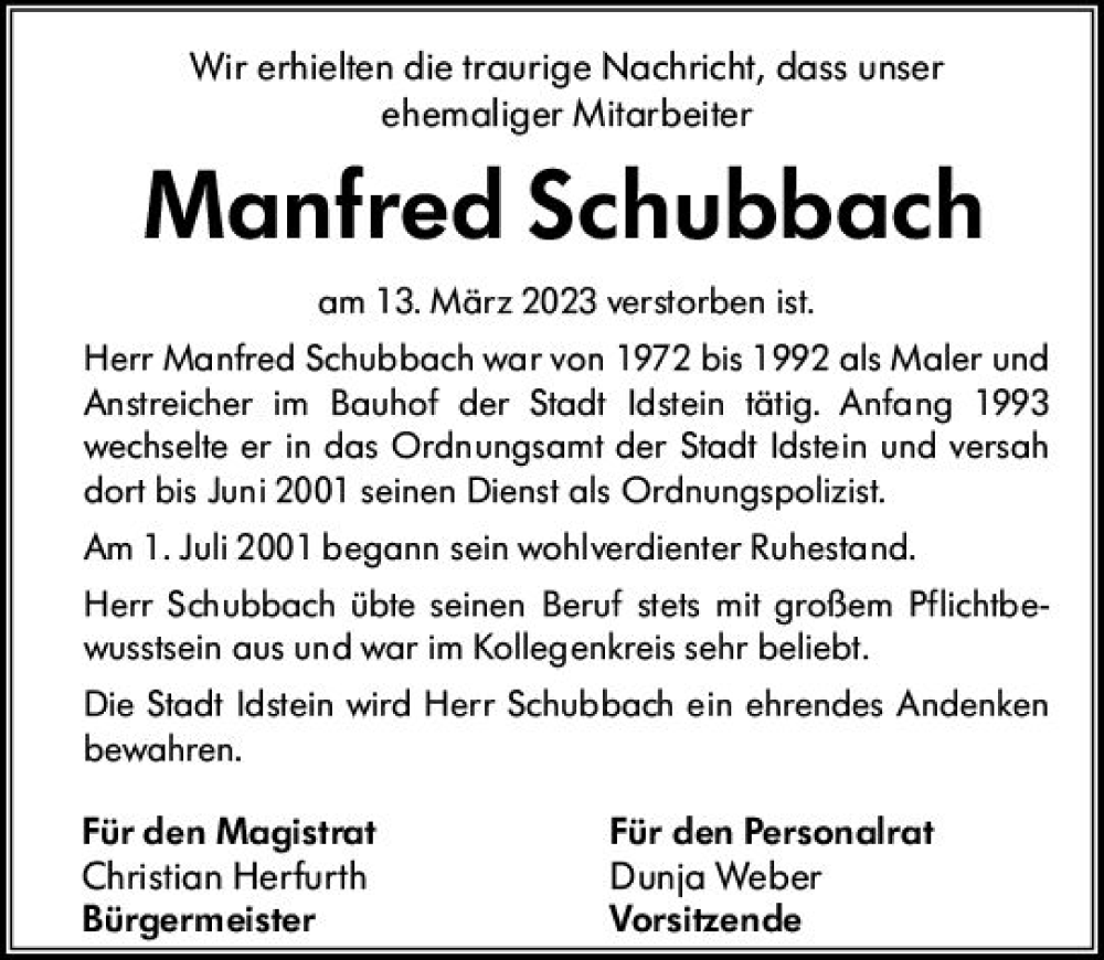  Traueranzeige für Manfred Schubbach vom 28.03.2023 aus Idsteiner Land/Untertaunus
