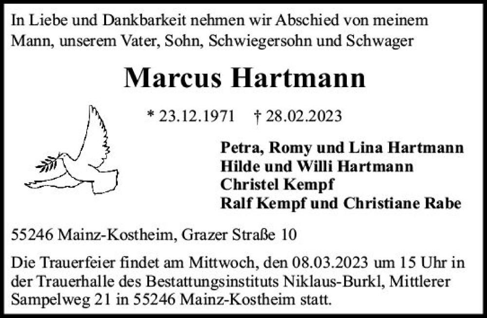  Traueranzeige für Marcus Hartmann vom 04.03.2023 aus Allgemeine Zeitung Mainz