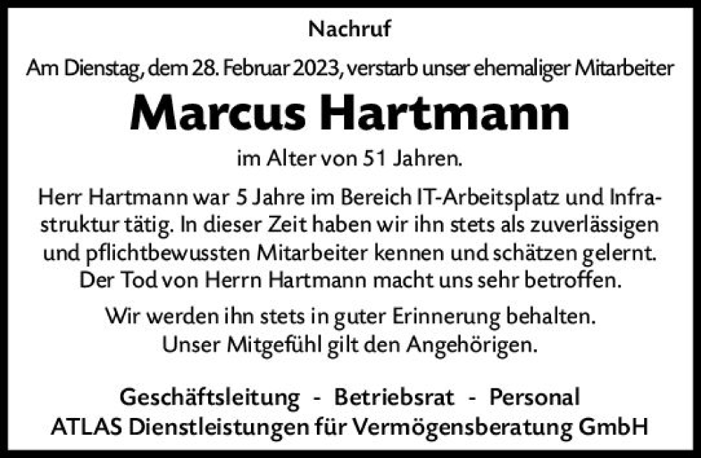  Traueranzeige für Marcus Hartmann vom 08.03.2023 aus Allgemeine Zeitung Mainz