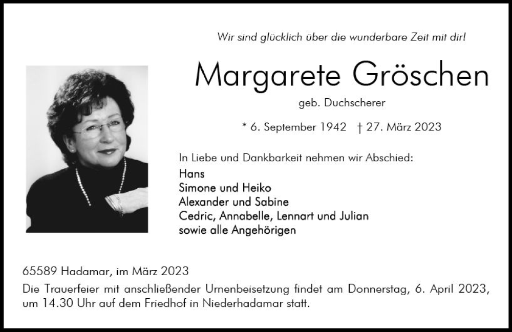  Traueranzeige für Margarete Gröschen vom 01.04.2023 aus Nassauische Neue Presse