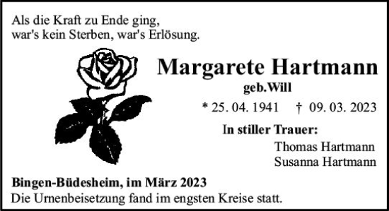 Traueranzeige von Margarete Hartmann von Allgemeine Zeitung Bingen/Ingelheim