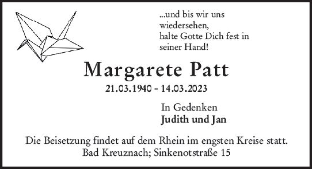  Traueranzeige für Margarete Patt vom 21.03.2023 aus Allgemeine Zeitung Bad Kreuznach