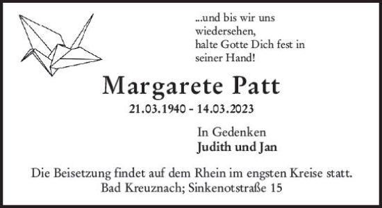 Traueranzeige von Margarete Patt von Allgemeine Zeitung Bad Kreuznach