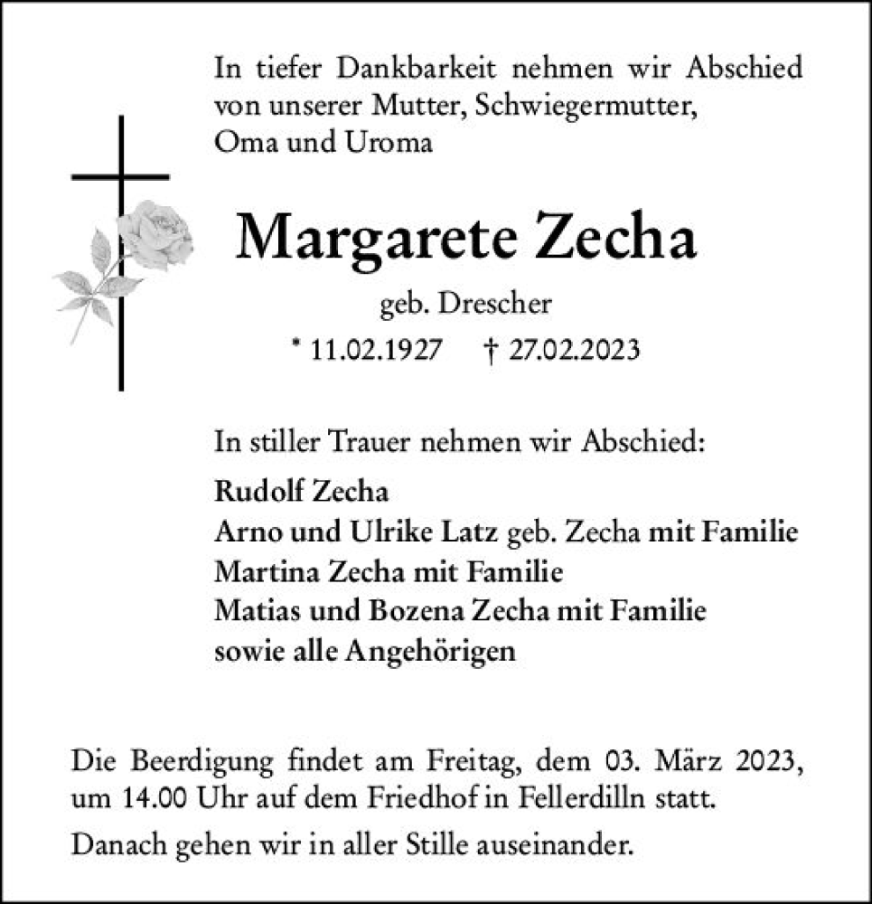  Traueranzeige für Margarete Zecha vom 02.03.2023 aus Dill Block