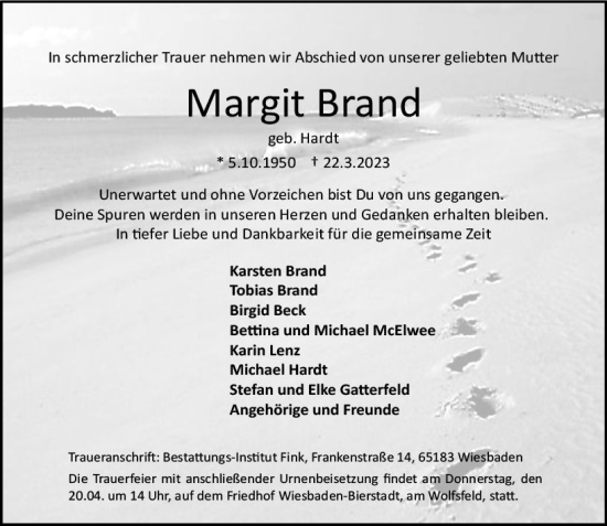Traueranzeige von Margit Brand von Wiesbadener Kurier