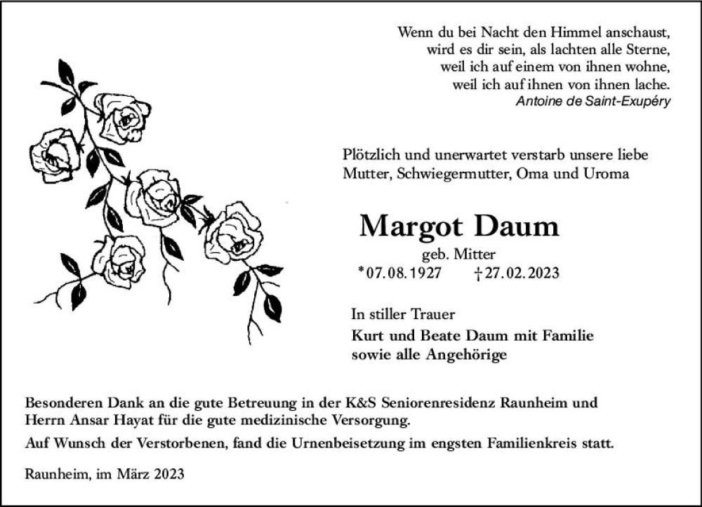  Traueranzeige für Margot Daum vom 18.03.2023 aus Rüsselsheimer Echo