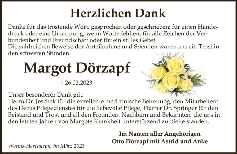  Traueranzeige für Margot Dörzapf vom 29.03.2023 aus Wormser Zeitung