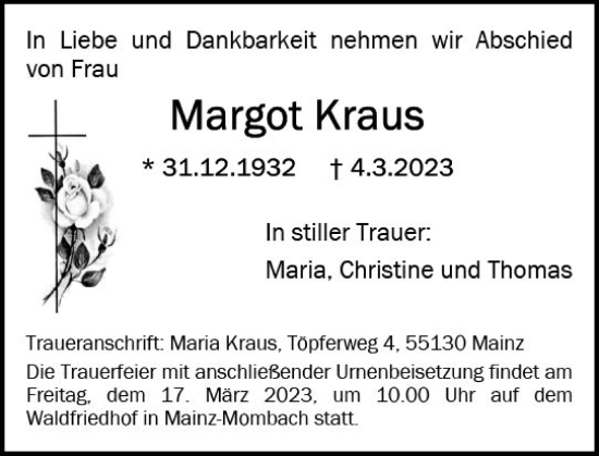 Traueranzeige von Margot Kraus von Allgemeine Zeitung Mainz