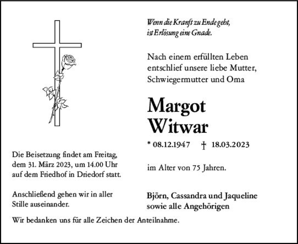  Traueranzeige für Margot Witwar vom 28.03.2023 aus Dill Block