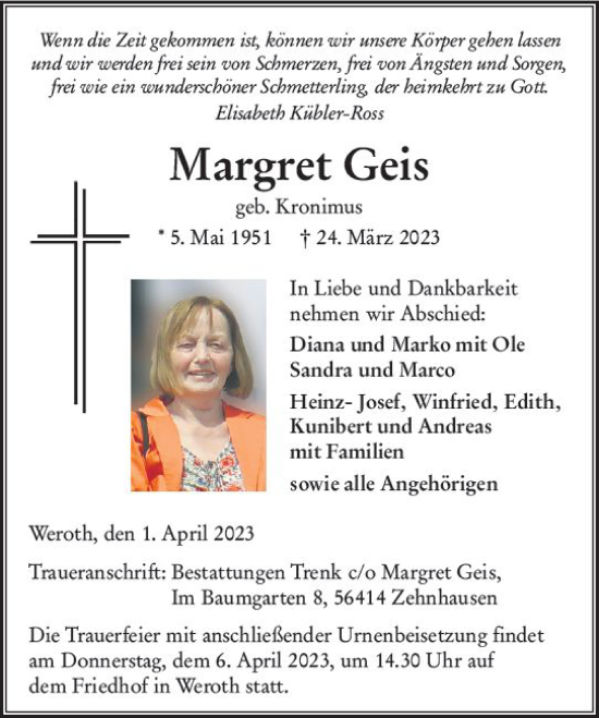 Traueranzeige von Margret Geis von Nassauische Neue Presse