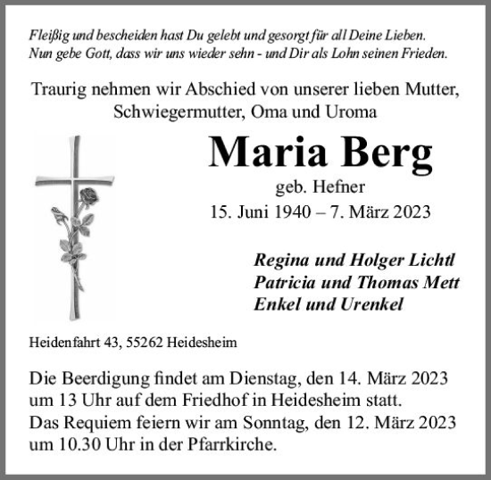 Traueranzeige von Maria Berg von Allgemeine Zeitung Bingen/Ingelheim