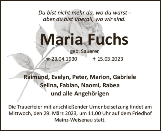 Traueranzeige von Maria Fuchs von Allgemeine Zeitung Mainz