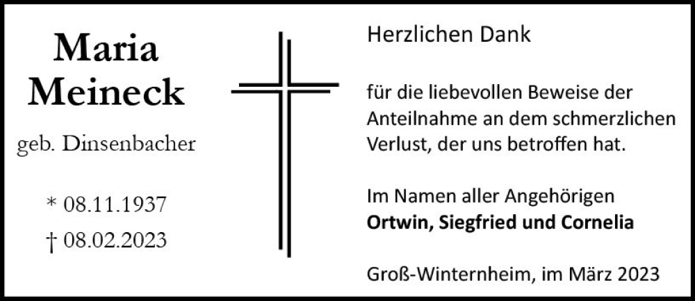  Traueranzeige für Maria Meineck vom 29.03.2023 aus Allgemeine Zeitung Bingen/Ingelheim