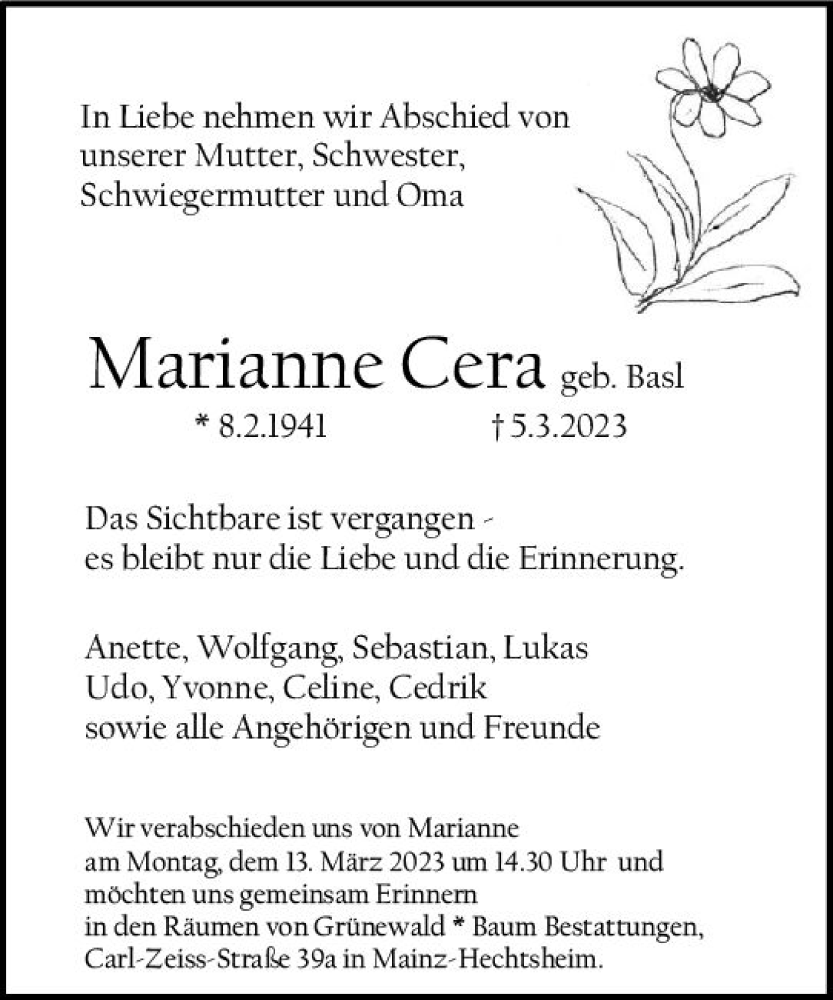  Traueranzeige für Marianne Cera vom 11.03.2023 aus Allgemeine Zeitung Mainz