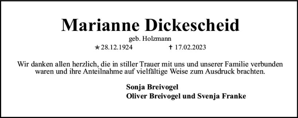  Traueranzeige für Marianne Dickescheid vom 18.03.2023 aus Allgemeine Zeitung Mainz