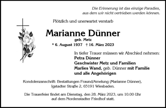 Traueranzeige von Marianne Dünner von Wiesbadener Kurier