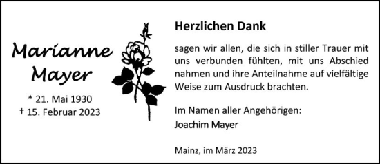 Traueranzeige von Marianne Mayer von Allgemeine Zeitung Mainz