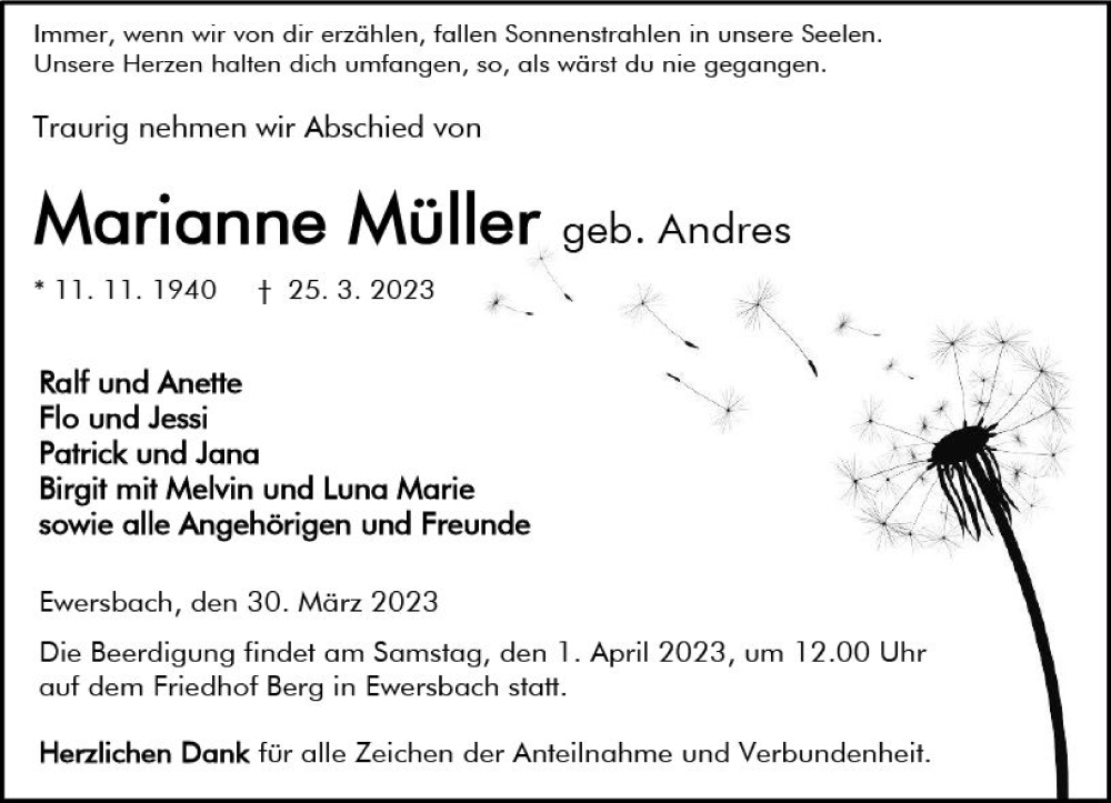  Traueranzeige für Marianne Müller vom 30.03.2023 aus Dill Block