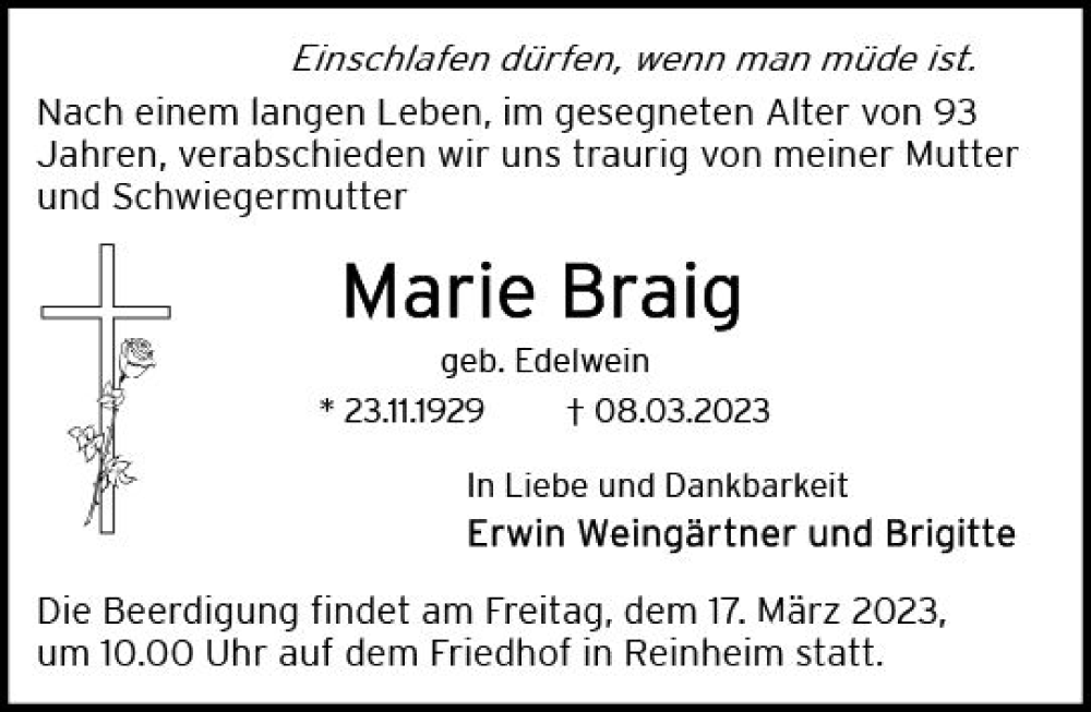  Traueranzeige für Marie Braig vom 15.03.2023 aus Darmstädter Echo