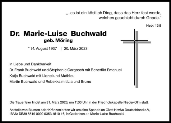 Traueranzeige von Marie-Luise Buchwald von Allgemeine Zeitung Mainz