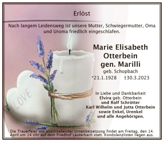 Traueranzeige von Marie Elisabeth Otterbein von Lauterbacher Anzeiger