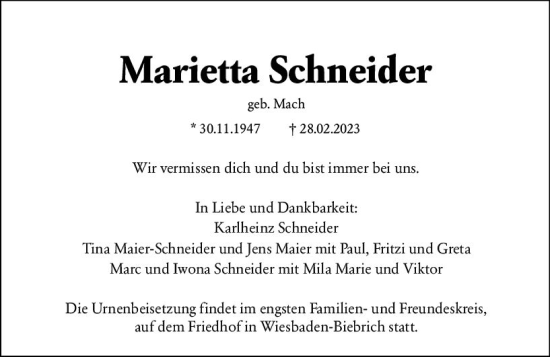 Traueranzeige von Marietta Schneider von Wiesbadener Kurier