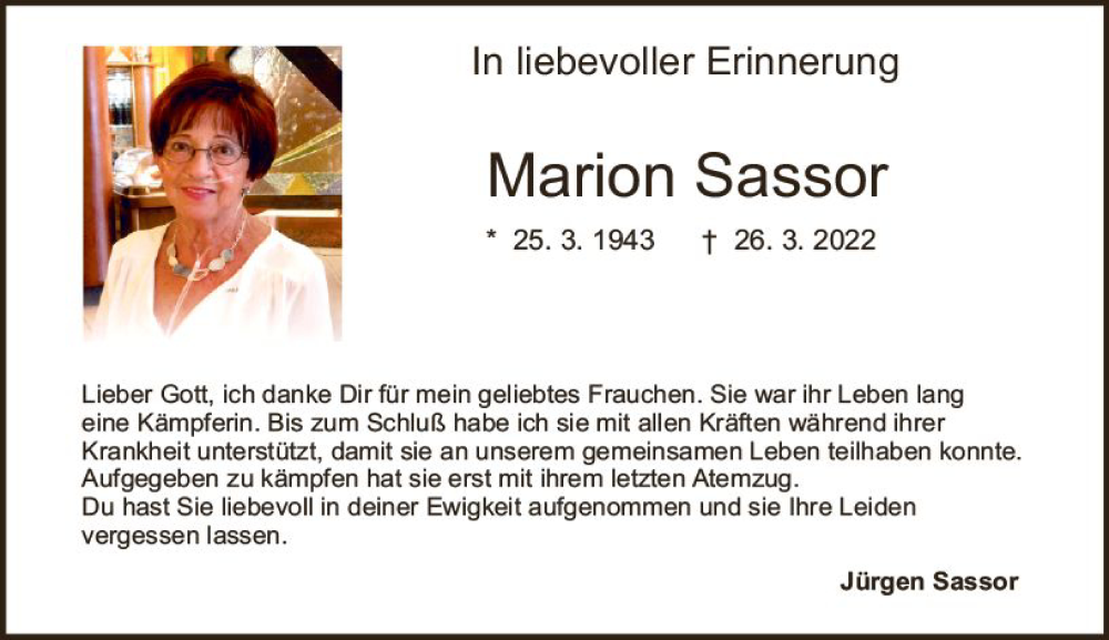  Traueranzeige für Marion Sassor vom 25.03.2023 aus Darmstädter Echo