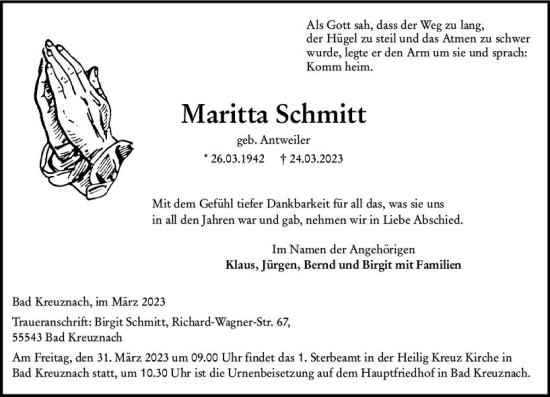 Traueranzeige von Maritta Schmitt von Allgemeine Zeitung Bad Kreuznach