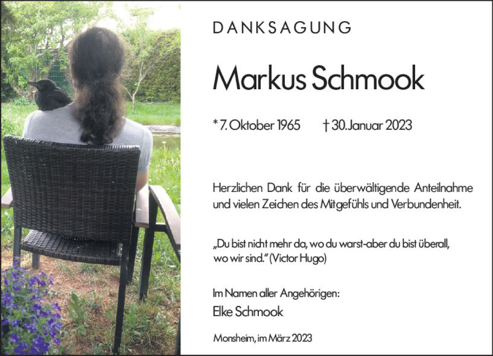  Traueranzeige für Markus Schmook vom 07.03.2023 aus Wormser Zeitung