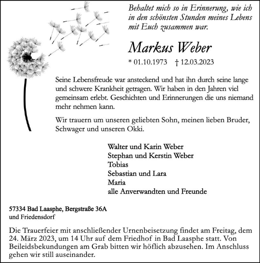  Traueranzeige für Markus Weber vom 18.03.2023 aus Hinterländer Anzeiger