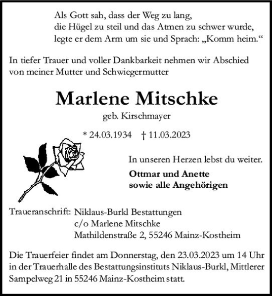 Traueranzeige von Marlene Mitschke von Allgemeine Zeitung Mainz