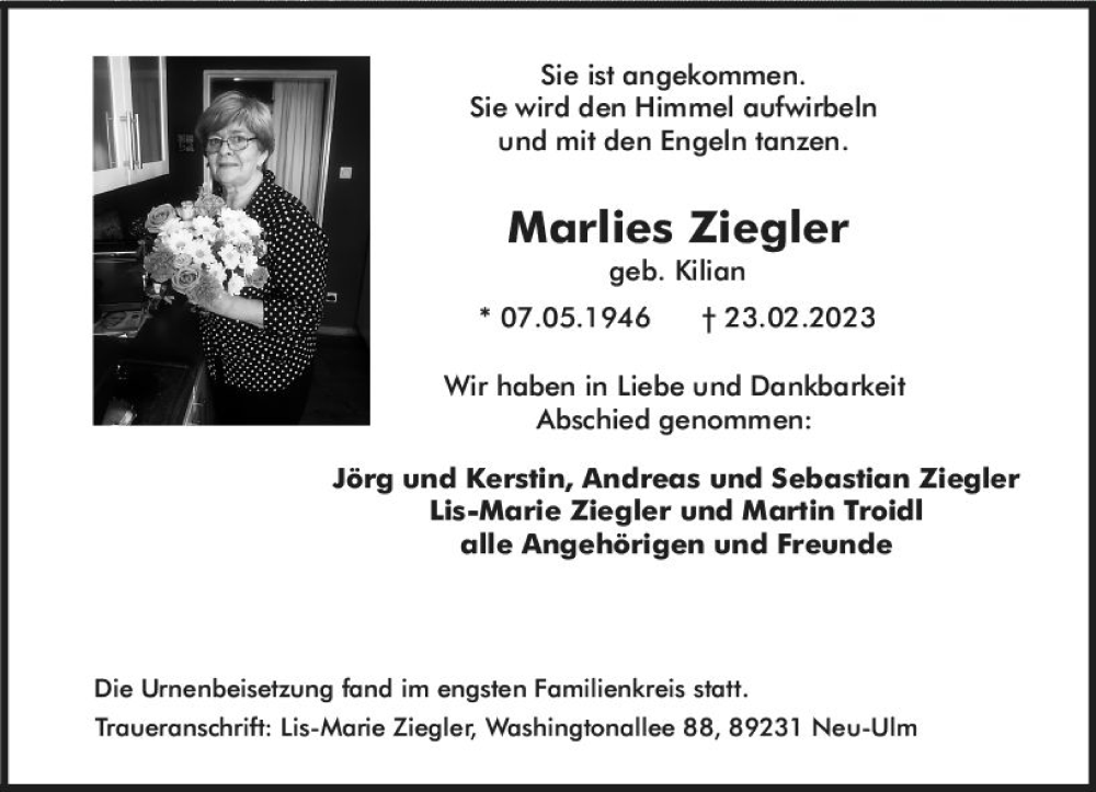  Traueranzeige für Marlies Ziegler vom 18.03.2023 aus Allgemeine Zeitung Bingen/Ingelheim